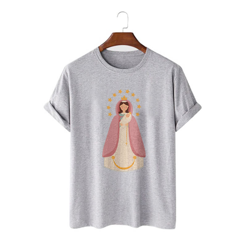 Christianartworkshop Minimalistischer Stil Kurzarm-T-Shirt mit Motiv der Göttlichen Jungfrau Maria und des Kindes - Grau - 2XL - image 18