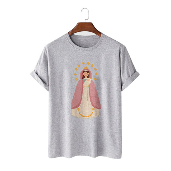 Christianartworkshop Minimalistischer Stil Kurzarm-T-Shirt mit Motiv der Göttlichen Jungfrau Maria und des Kindes - Grau - 2XL - image 18