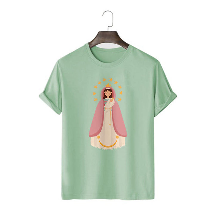 Christianartworkshop Minimalistischer Stil Kurzarm-T-Shirt mit Motiv der Göttlichen Jungfrau Maria und des Kindes - Hellgrün - 2XL - image 11