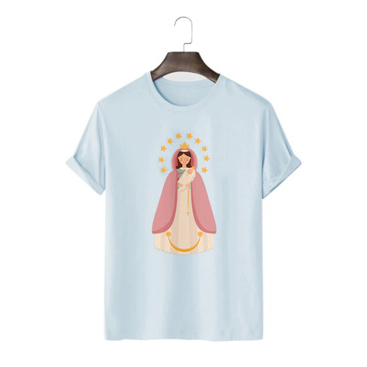 Christianartworkshop Minimalistischer Stil Kurzarm-T-Shirt mit Motiv der Göttlichen Jungfrau Maria und des Kindes - Blau - 2XL - image 17