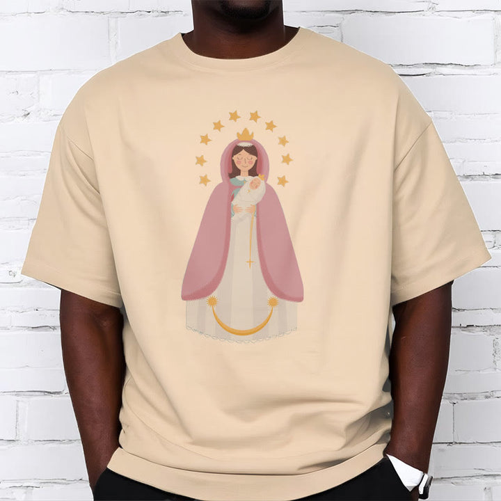Christianartworkshop Minimalistischer Stil Kurzarm-T-Shirt mit Motiv der Göttlichen Jungfrau Maria und des Kindes - image 8