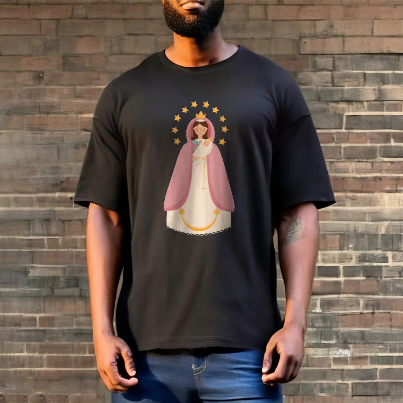 Christianartworkshop T-Shirt im minimalistischen Stil, Göttliche Jungfrau Maria und Kind, kurzärmlig, gewaschen