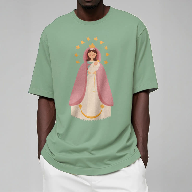 Christianartworkshop Minimalistischer Stil Kurzarm-T-Shirt mit Motiv der Göttlichen Jungfrau Maria und des Kindes - image 12