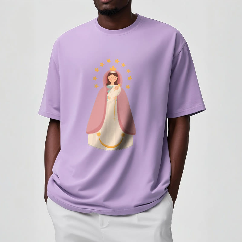 Christianartworkshop Minimalistischer Stil Kurzarm-T-Shirt mit Motiv der Göttlichen Jungfrau Maria und des Kindes - image 16