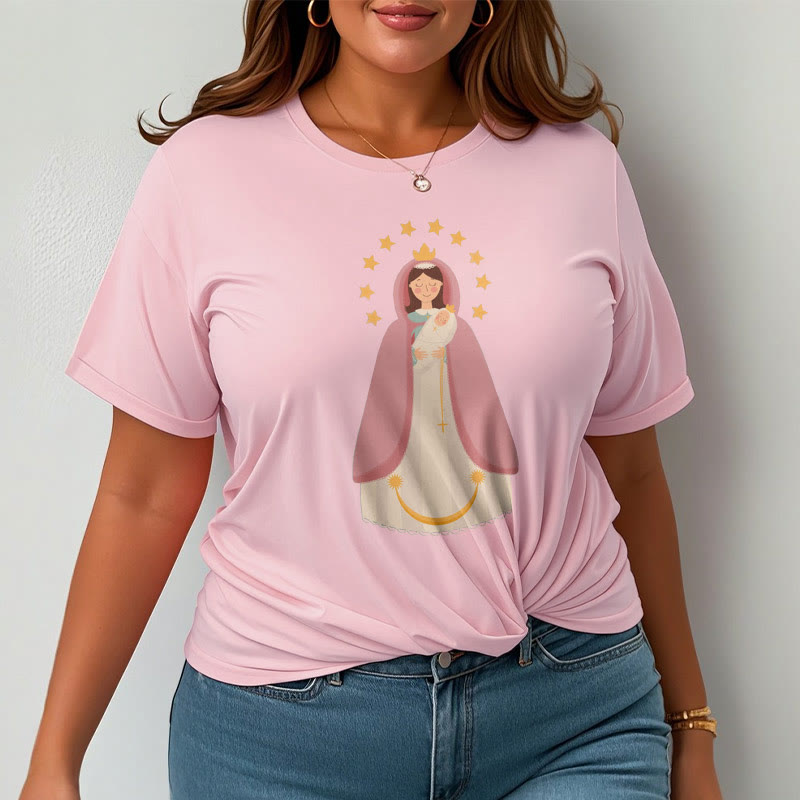 Christianartworkshop Minimalistischer Stil Kurzarm-T-Shirt mit Motiv der Göttlichen Jungfrau Maria und des Kindes - image 14