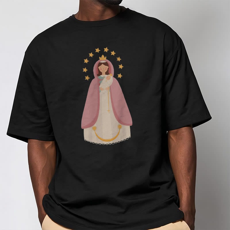 Christianartworkshop Minimalistischer Stil Kurzarm-T-Shirt mit Motiv der Göttlichen Jungfrau Maria und des Kindes - image 2
