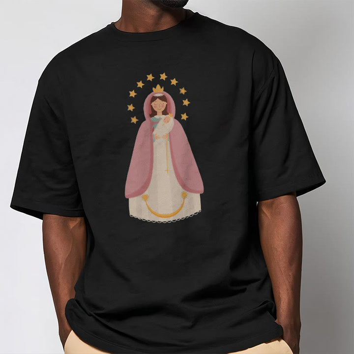 Christianartworkshop Minimalistischer Stil Kurzarm-T-Shirt mit Motiv der Göttlichen Jungfrau Maria und des Kindes - image 2