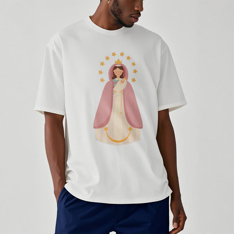 Christianartworkshop Minimalistischer Stil Kurzarm-T-Shirt mit Motiv der Göttlichen Jungfrau Maria und des Kindes - image 6