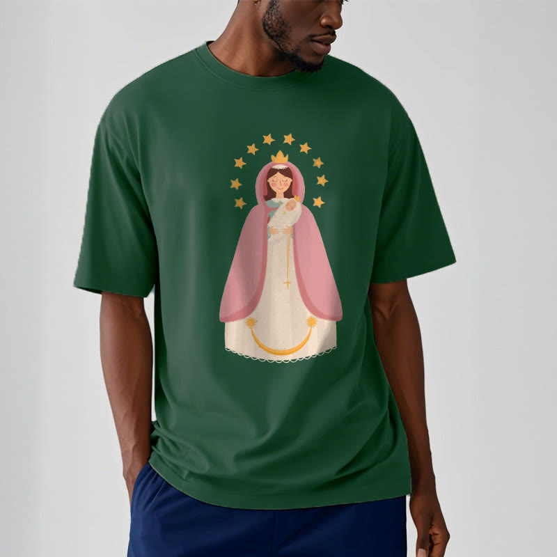Christianartworkshop Minimalistischer Stil Kurzarm-T-Shirt mit Motiv der Göttlichen Jungfrau Maria und des Kindes - image 10