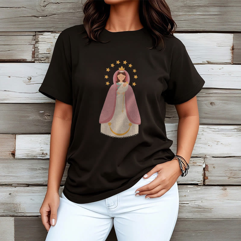 Christianartworkshop Minimalistischer Stil Kurzarm-T-Shirt mit Motiv der Göttlichen Jungfrau Maria und des Kindes - image 1