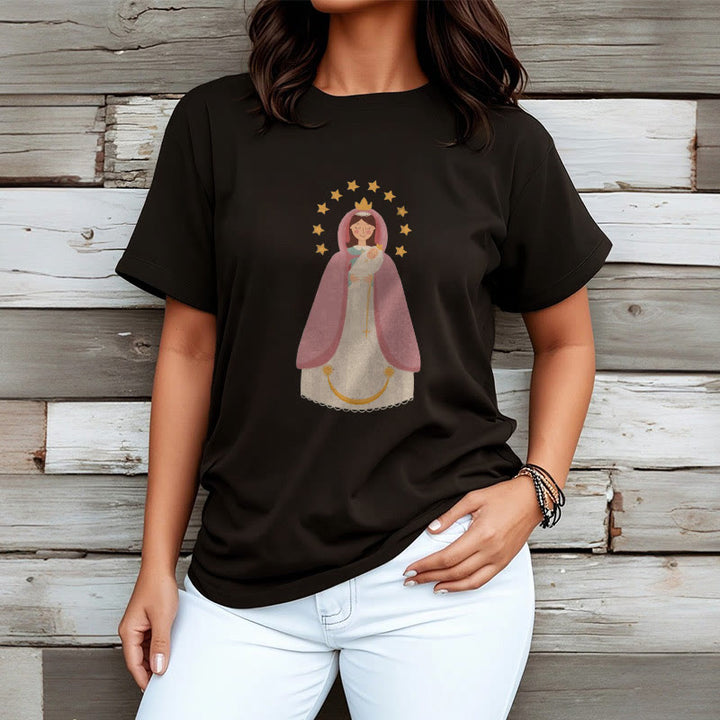 Christianartworkshop Minimalistischer Stil Kurzarm-T-Shirt mit Motiv der Göttlichen Jungfrau Maria und des Kindes - image 1