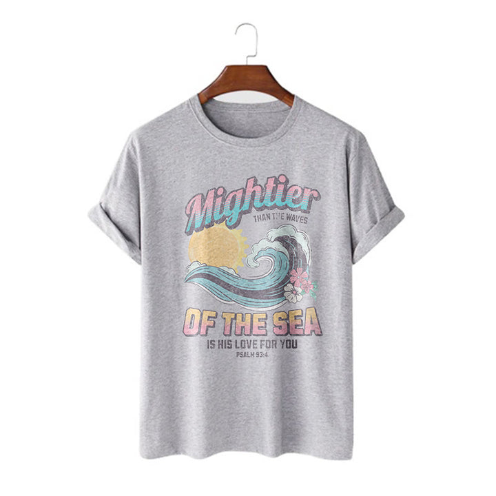 Christianartworkshop Farbiger Stil Mightier Than The Waves Psalm 93:4 Kurzärmeliges gewaschenes T-Shirt