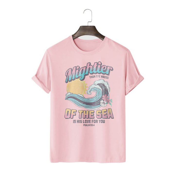Christianartworkshop Farbiger Stil Mightier Than The Waves Psalm 93:4 Kurzärmeliges gewaschenes T-Shirt