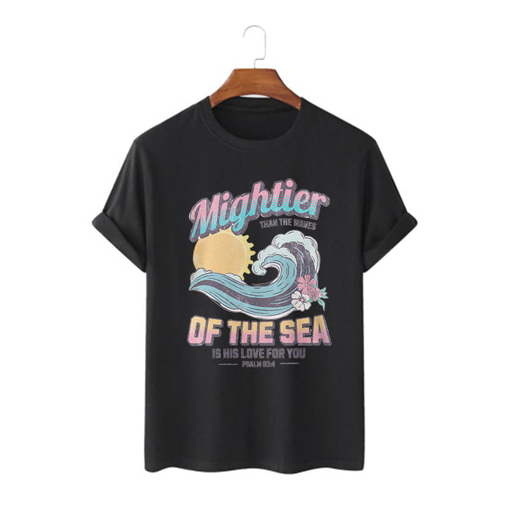 Christianartworkshop Farbiger Stil Mightier Than The Waves Psalm 93:4 Kurzärmeliges gewaschenes T-Shirt