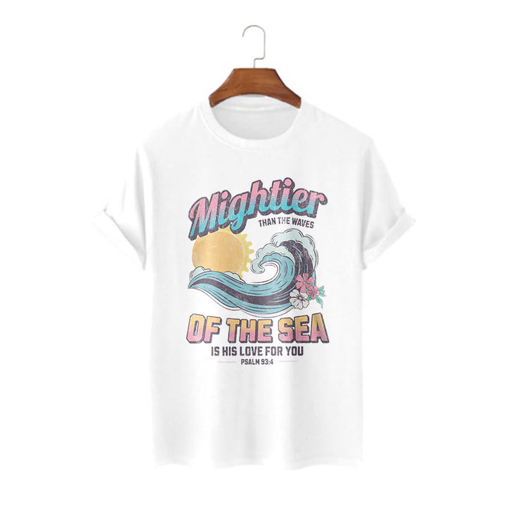 Christianartworkshop Farbiger Stil Mightier Than The Waves Psalm 93:4 Kurzärmeliges gewaschenes T-Shirt