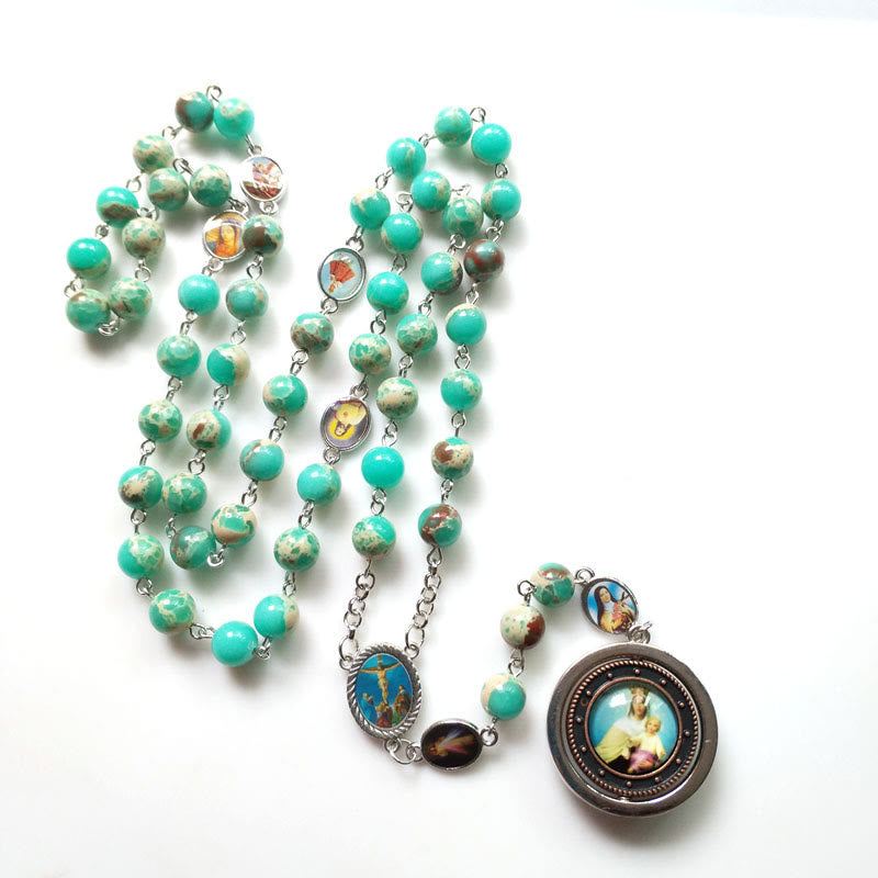 Christianartworkshop Rosenkranz mit Kruzifix und Madonna mit Kind, rund, 8 mm, grüne Schlangenhaut-Steinlegierung