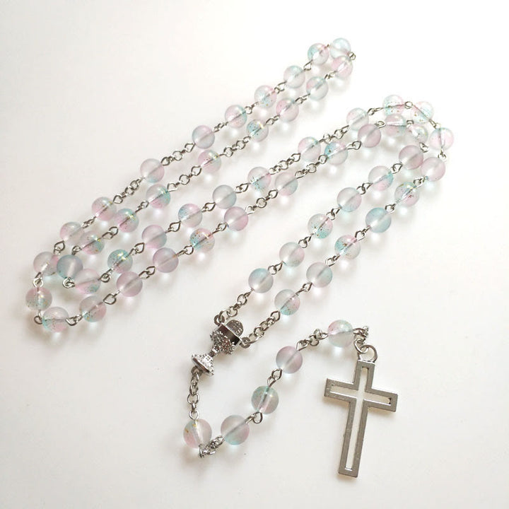 Christianartworkshop Heiliger Gral und Kreuz aus 8 mm runder mehrfarbiger Glaslegierungskette mit Rosenkranz