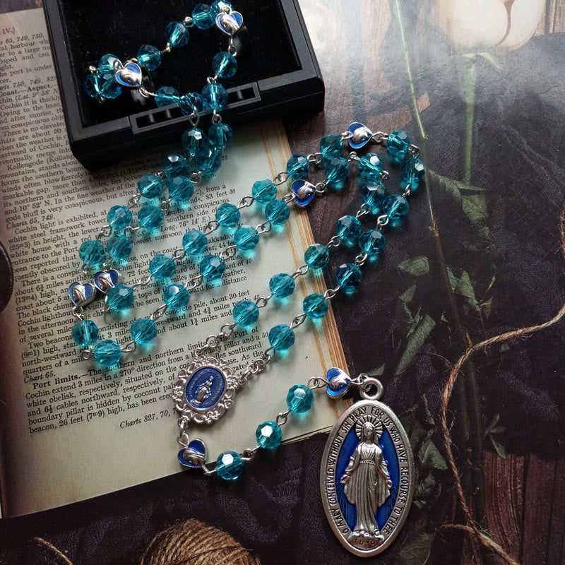 Christianartworkshop Wundertätige Medaille aus 8 mm rundem blauem Glas, Kristalllegierung, Rosenkranzkette