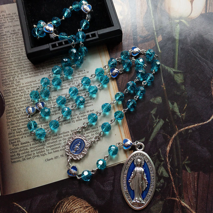 Christianartworkshop Wundertätige Medaille aus 8 mm rundem blauem Glas, Kristalllegierung, Rosenkranzkette
