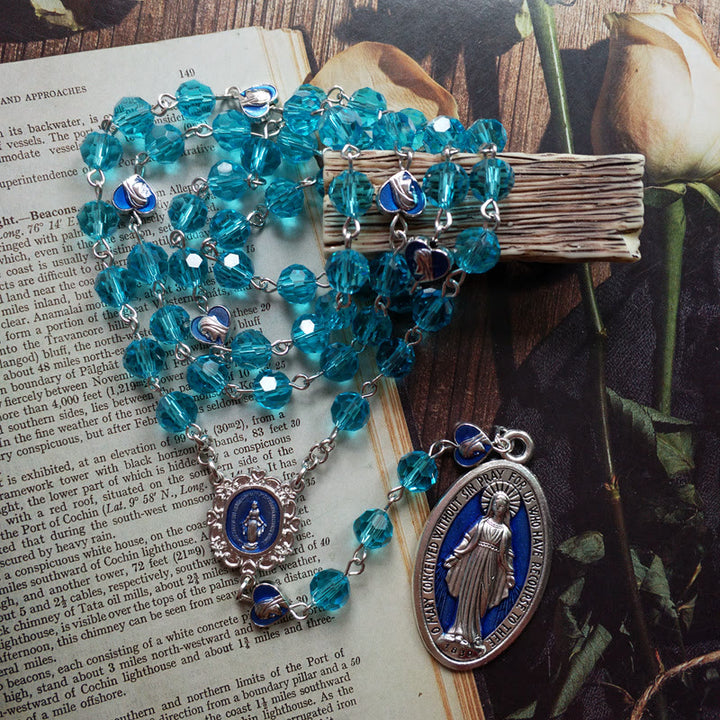 Christianartworkshop Wundertätige Medaille aus 8 mm rundem blauem Glas, Kristalllegierung, Rosenkranzkette