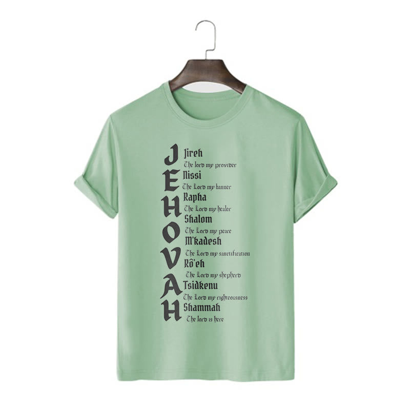 Christianartworkshop – Kurzärmliges, gewaschenes T-Shirt mit Namen von Jehova im minimalistischen Stil