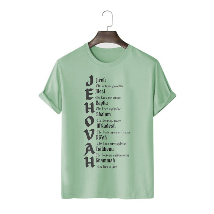 Christianartworkshop – Kurzärmliges, gewaschenes T-Shirt mit Namen von Jehova im minimalistischen Stil