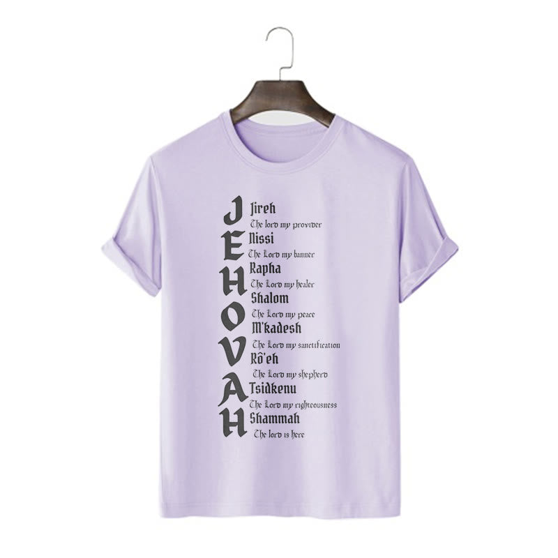 Christianartworkshop – Kurzärmliges, gewaschenes T-Shirt mit Namen von Jehova im minimalistischen Stil