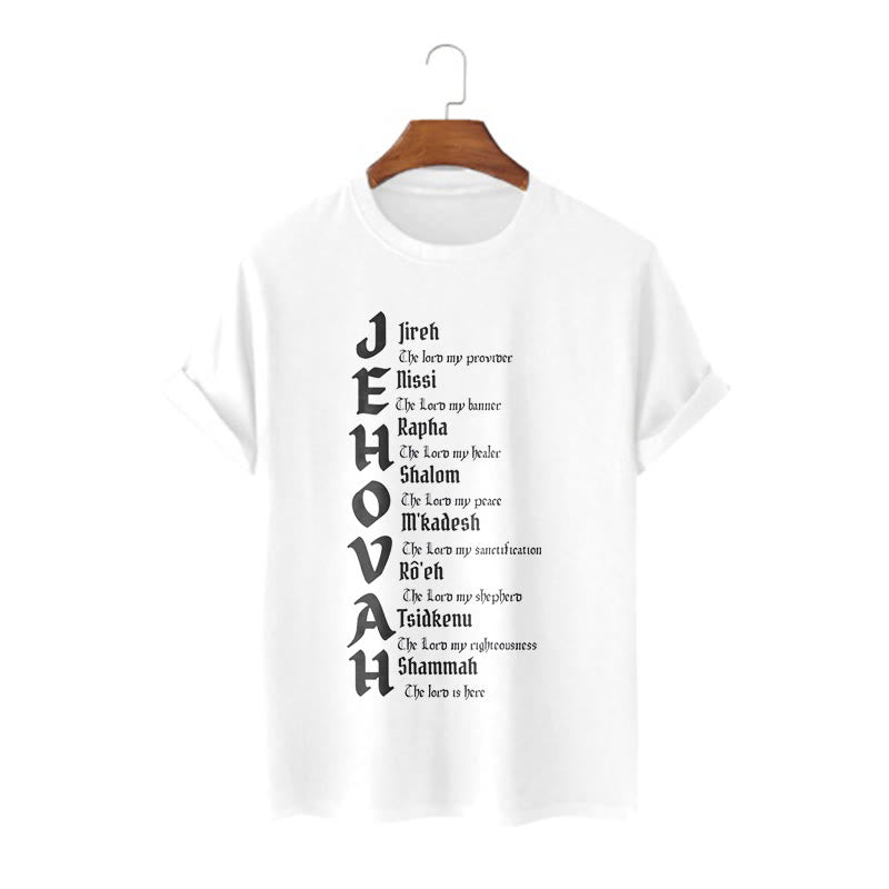 Christianartworkshop – Kurzärmliges, gewaschenes T-Shirt mit Namen von Jehova im minimalistischen Stil
