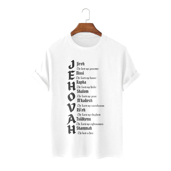 Christianartworkshop – Kurzärmliges, gewaschenes T-Shirt mit Namen von Jehova im minimalistischen Stil