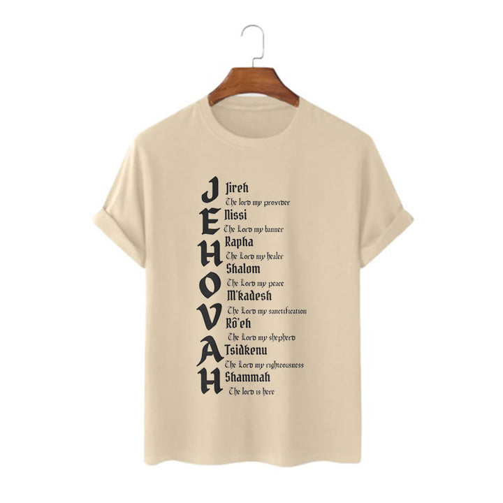 Christianartworkshop – Kurzärmliges, gewaschenes T-Shirt mit Namen von Jehova im minimalistischen Stil