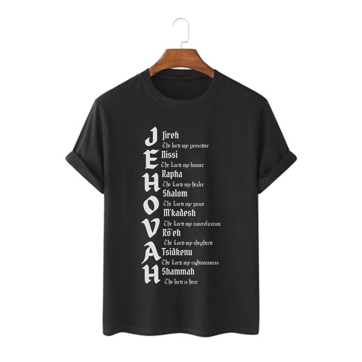 Christianartworkshop – Kurzärmliges, gewaschenes T-Shirt mit Namen von Jehova im minimalistischen Stil
