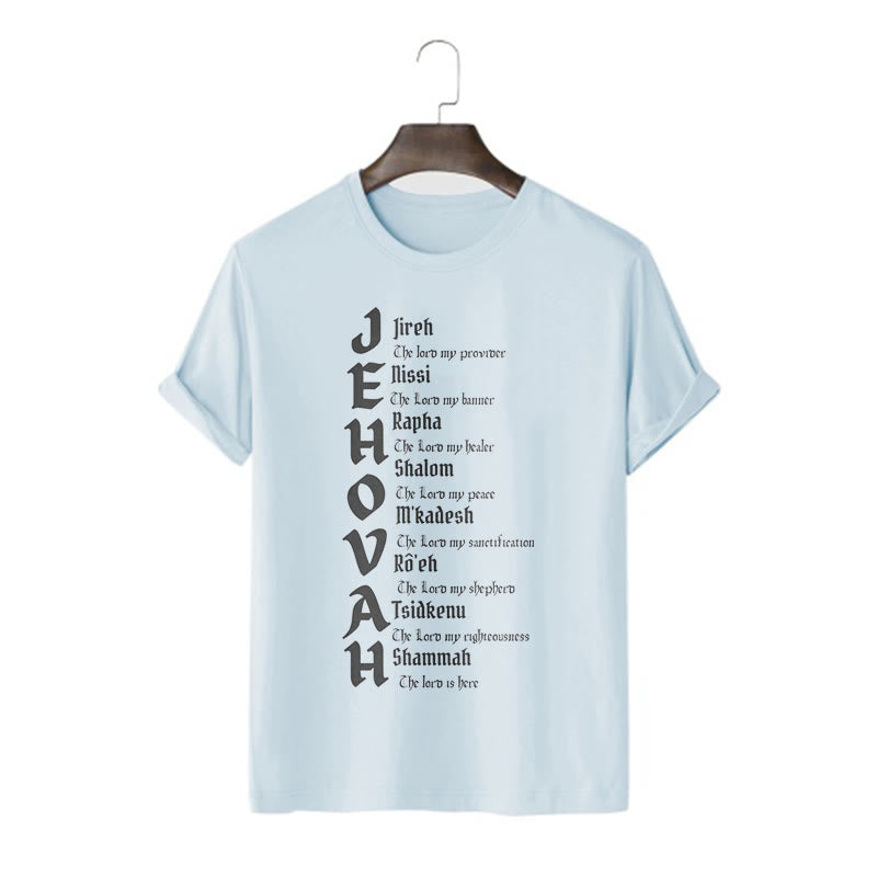 Christianartworkshop – Kurzärmliges, gewaschenes T-Shirt mit Namen von Jehova im minimalistischen Stil