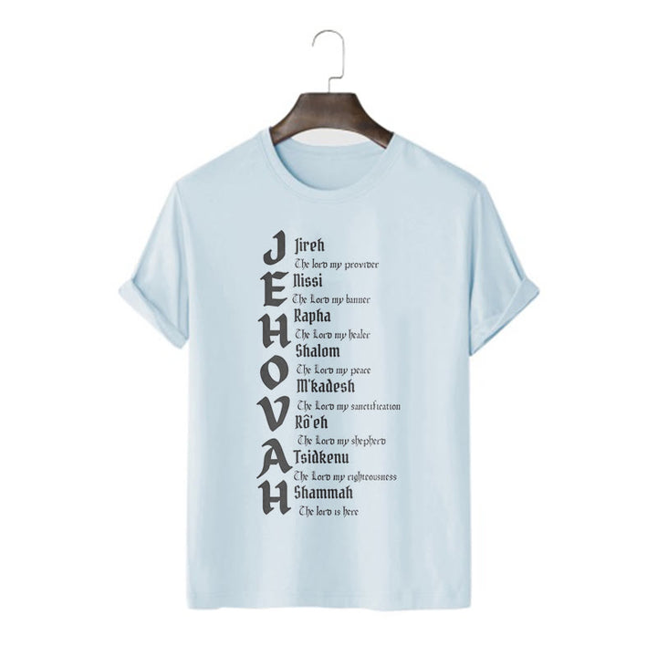 Christianartworkshop – Kurzärmliges, gewaschenes T-Shirt mit Namen von Jehova im minimalistischen Stil