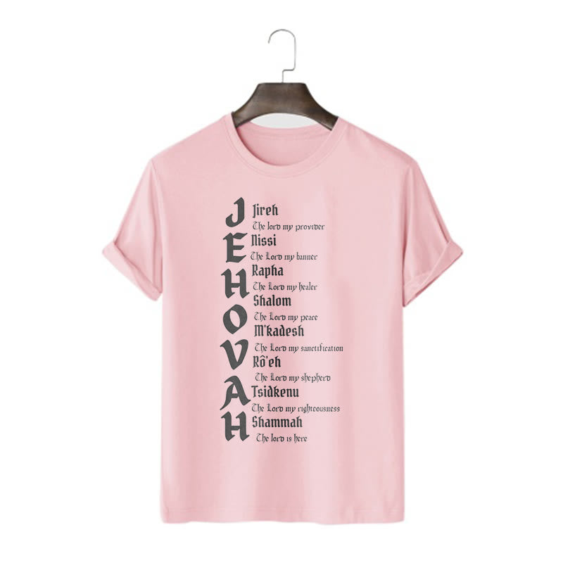 Christianartworkshop – Kurzärmliges, gewaschenes T-Shirt mit Namen von Jehova im minimalistischen Stil