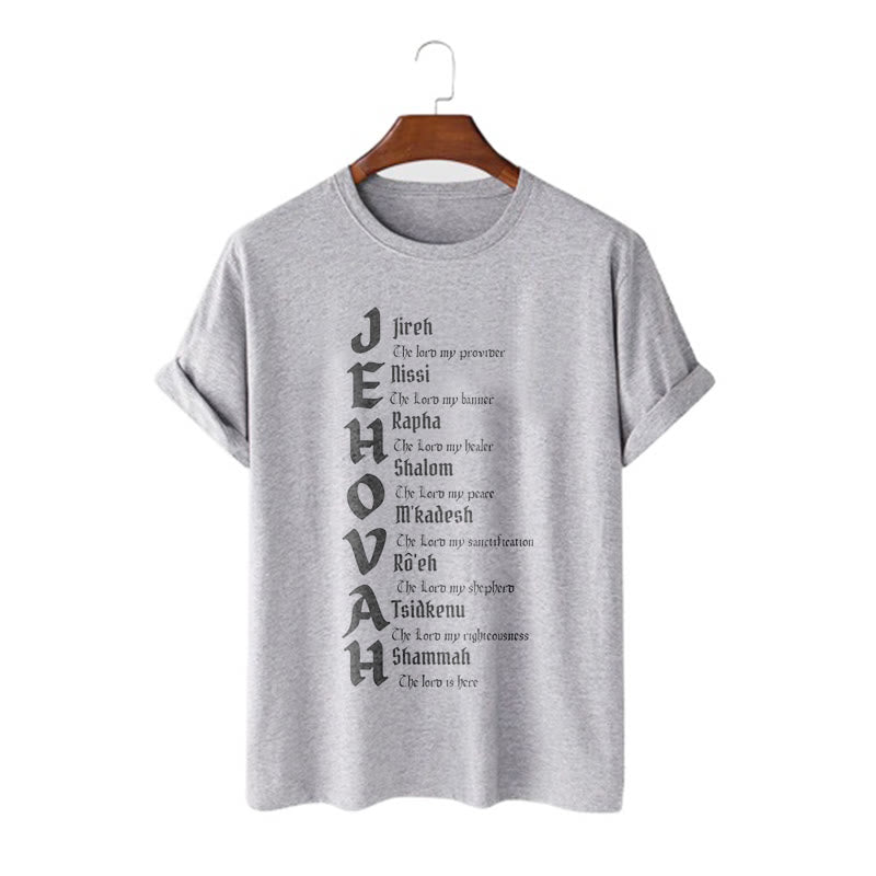 Christianartworkshop – Kurzärmliges, gewaschenes T-Shirt mit Namen von Jehova im minimalistischen Stil