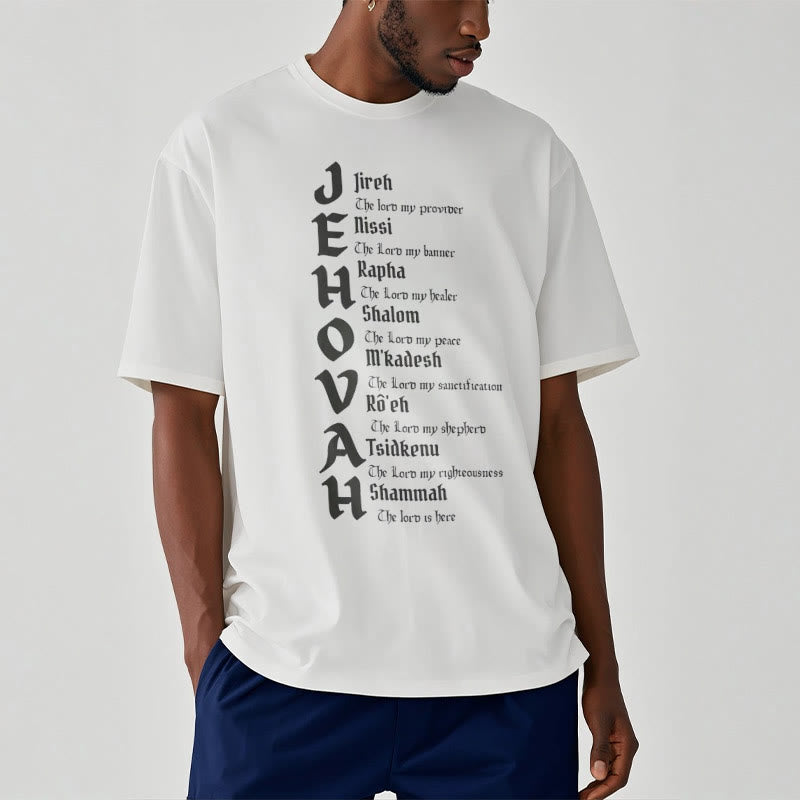 Christianartworkshop – Kurzärmliges, gewaschenes T-Shirt mit Namen von Jehova im minimalistischen Stil