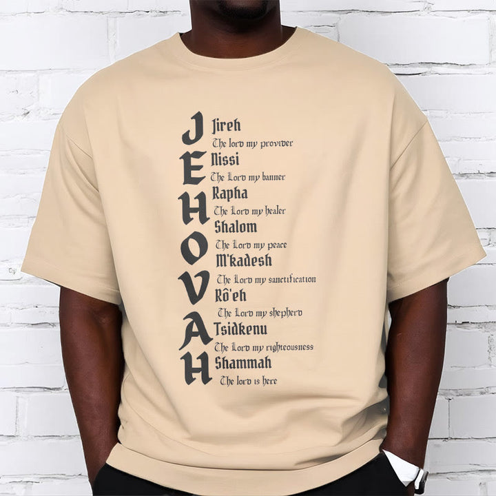 Christianartworkshop – Kurzärmliges, gewaschenes T-Shirt mit Namen von Jehova im minimalistischen Stil