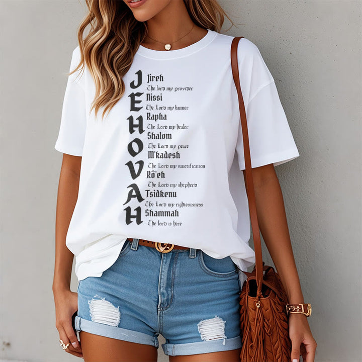 Christianartworkshop – Kurzärmliges, gewaschenes T-Shirt mit Namen von Jehova im minimalistischen Stil