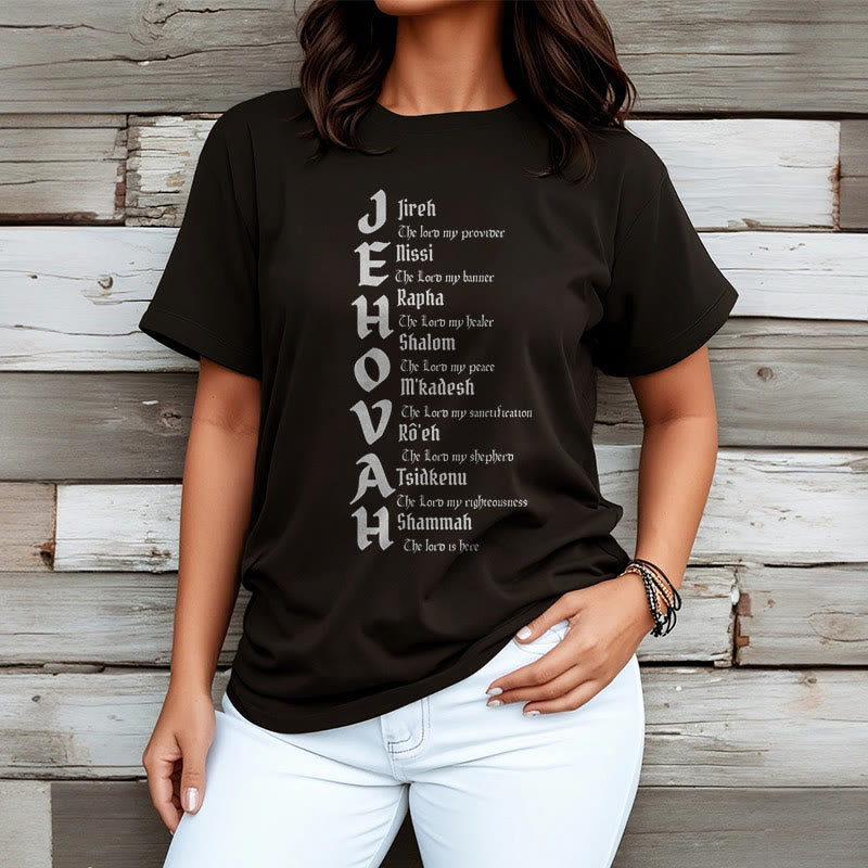 Christianartworkshop – Kurzärmliges, gewaschenes T-Shirt mit Namen von Jehova im minimalistischen Stil