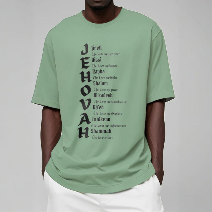 Christianartworkshop – Kurzärmliges, gewaschenes T-Shirt mit Namen von Jehova im minimalistischen Stil