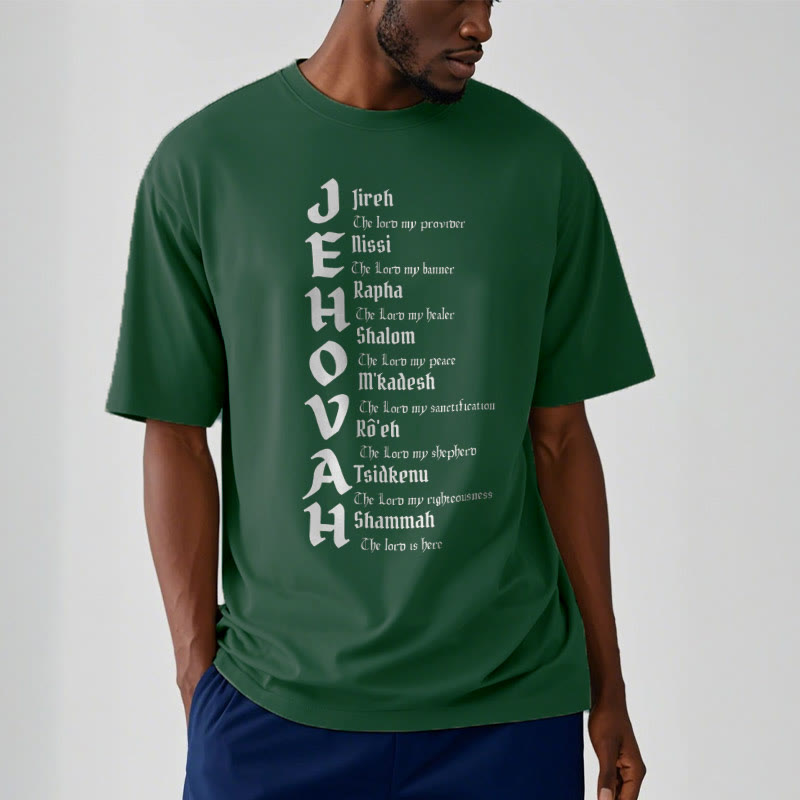 Christianartworkshop – Kurzärmliges, gewaschenes T-Shirt mit Namen von Jehova im minimalistischen Stil