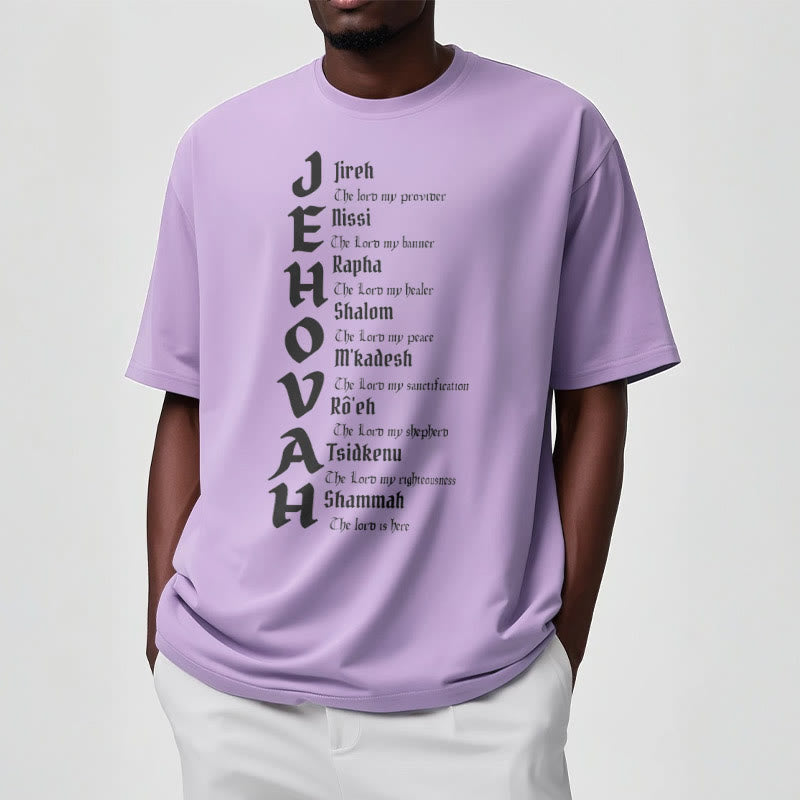Christianartworkshop – Kurzärmliges, gewaschenes T-Shirt mit Namen von Jehova im minimalistischen Stil