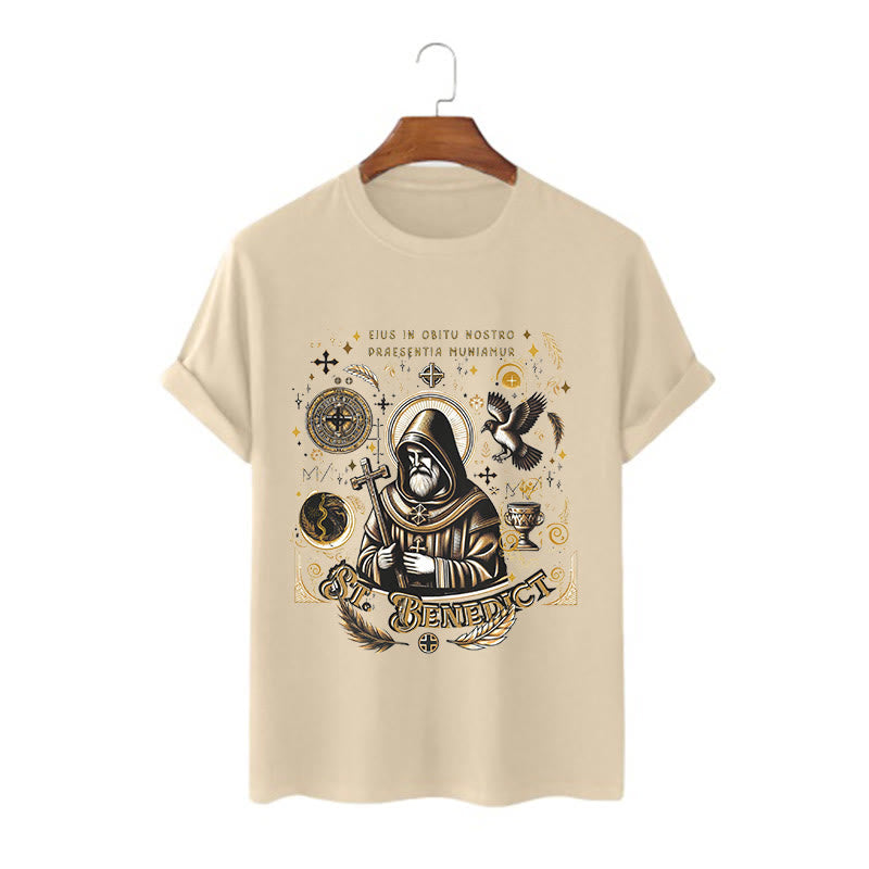 Christianartworkshop Klassisches T-Shirt mit Segensmotiv des Heiligen Benedikt, kurzärmlig, gewaschen
