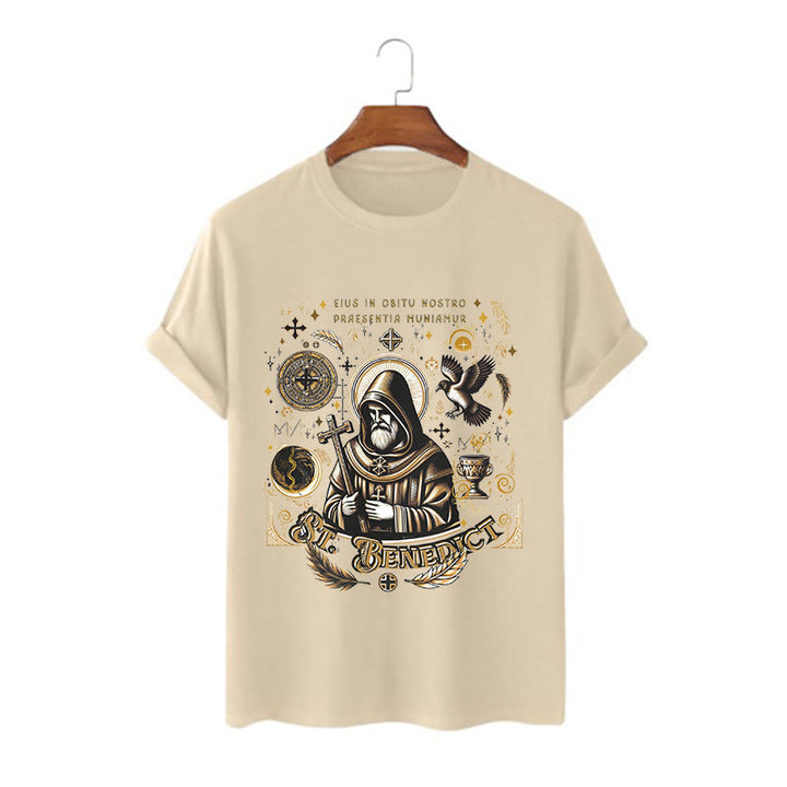 Christianartworkshop Klassisches T-Shirt mit Segensmotiv des Heiligen Benedikt, kurzärmlig, gewaschen