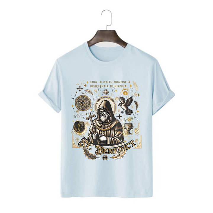 Christianartworkshop Klassisches T-Shirt mit Segensmotiv des Heiligen Benedikt, kurzärmlig, gewaschen