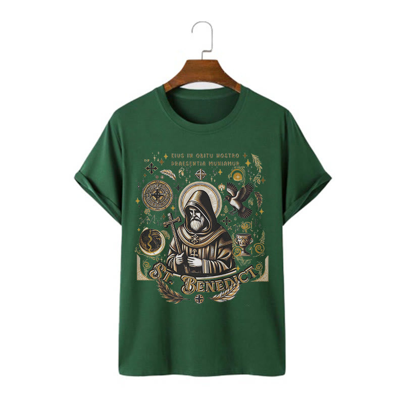 Christianartworkshop Klassisches T-Shirt mit Segensmotiv des Heiligen Benedikt, kurzärmlig, gewaschen