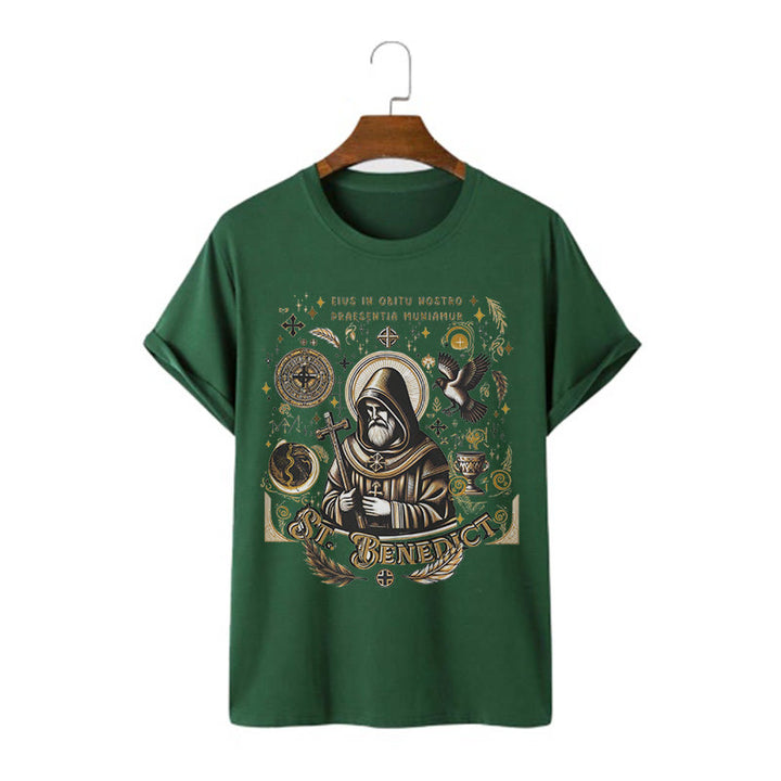 Christianartworkshop Klassisches T-Shirt mit Segensmotiv des Heiligen Benedikt, kurzärmlig, gewaschen