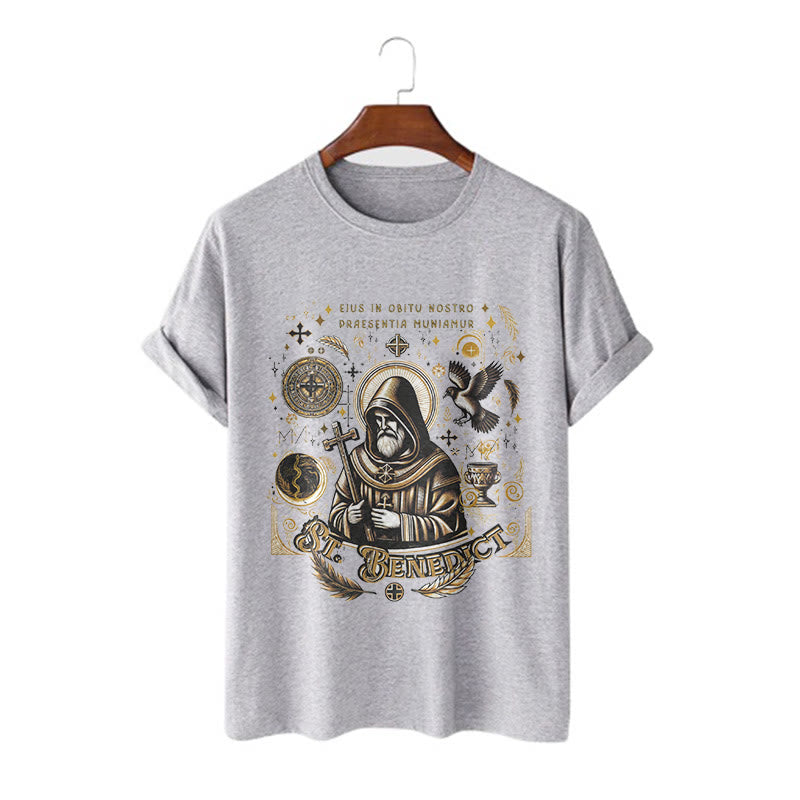 Christianartworkshop Klassisches T-Shirt mit Segensmotiv des Heiligen Benedikt, kurzärmlig, gewaschen