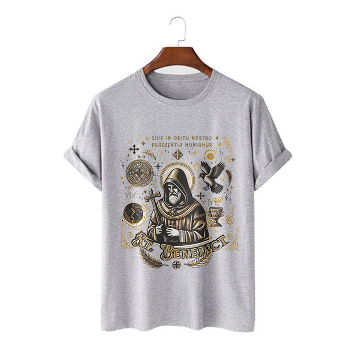 Christianartworkshop Klassisches T-Shirt mit Segensmotiv des Heiligen Benedikt, kurzärmlig, gewaschen