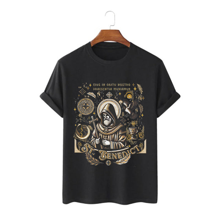Christianartworkshop Klassisches T-Shirt mit Segensmotiv des Heiligen Benedikt, kurzärmlig, gewaschen